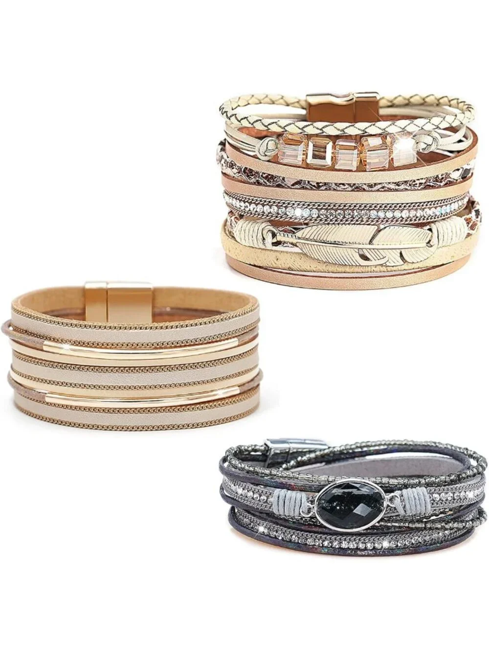 Stylish 3-Pack Leather Cuff Bracelets Set | Multilayer Wrap, Crystal & Feather